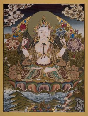 Four Armed Chengrezig Thanka | Avalokiteshvara Arts | Hand-Painted Tibetan Thanka